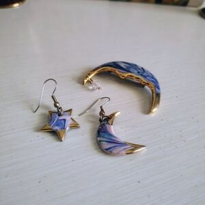 Celestial Gold and Purple Star and Moon Earrings